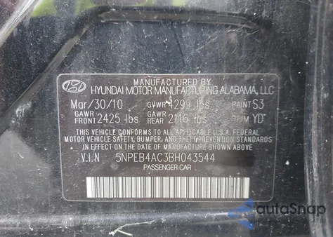2011 Hyundai Sonata Gls from USA, damaged, VIN 5NPEB4AC3BH043544